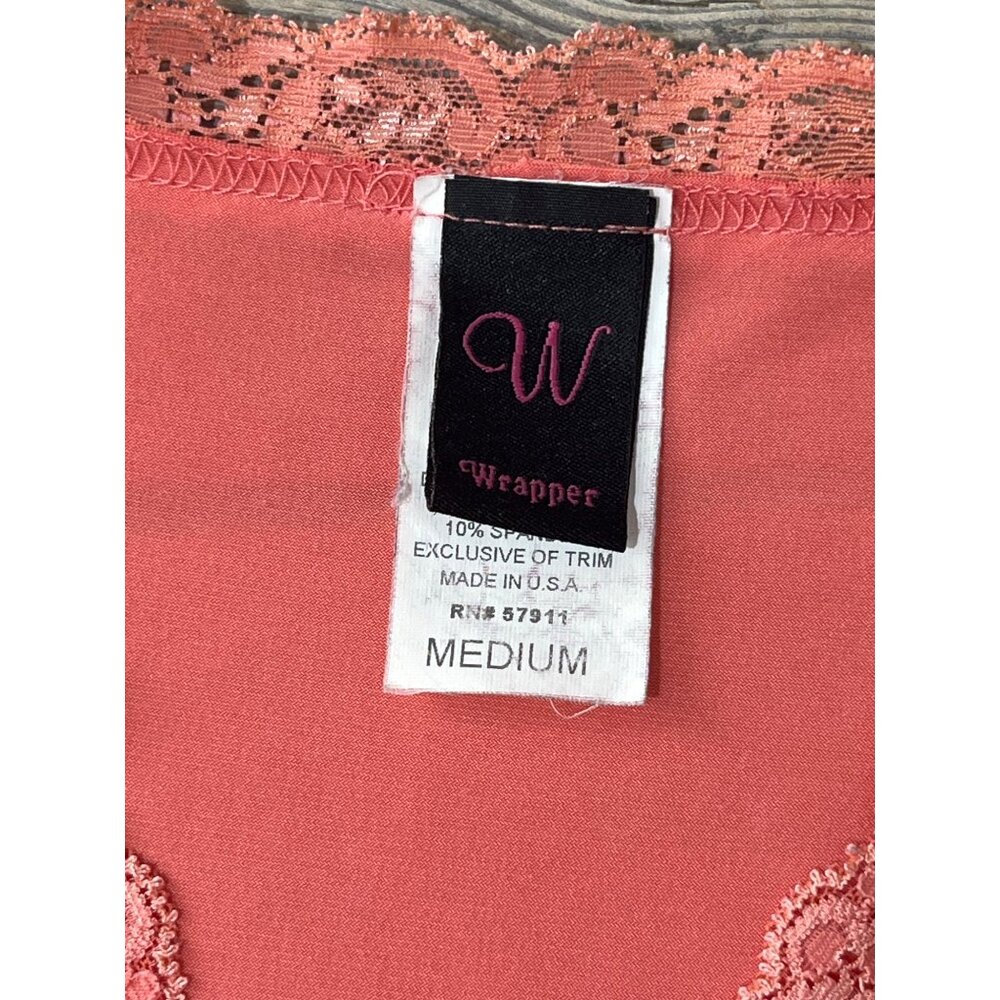 Y2K Wrapper V-Neck Blouse Womens M Peach with Lace Fitted Coquette - Picture 4 of 7